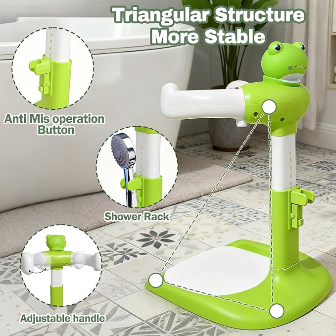 Baby Shower Stand Adjustable Toddler Shower Standing Support with Anti-Slip Base Infants Bath Support for 8-36 Months Portable Bath Helper (Frog)
