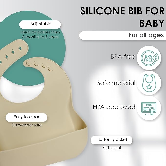 Bluet B- Silicone Baby Feeding Set - Baby Led Weaning Supplies - Baby Spoons, Suction Bowl - Plate - Baby Utensils - Silicone Feeding Set for Baby First Foods, Infant Eating - 8pcs - Beige