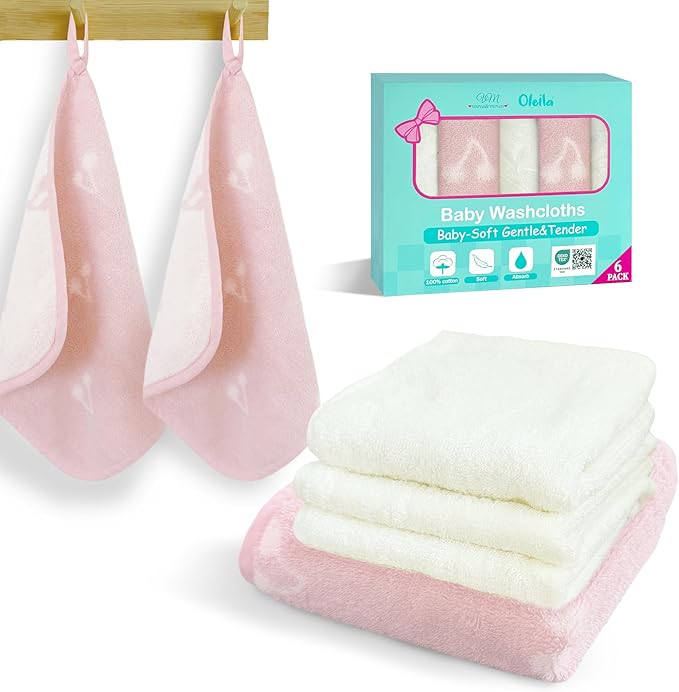 VOOVA & MOVAS 6 Pack 100% Cotton Baby Washcloths | 12x12 Inches | Highly Absorbent | Ultra-Soft Newborn Towels | Perfect Set | Jacquard Cherry & Ivory Colors