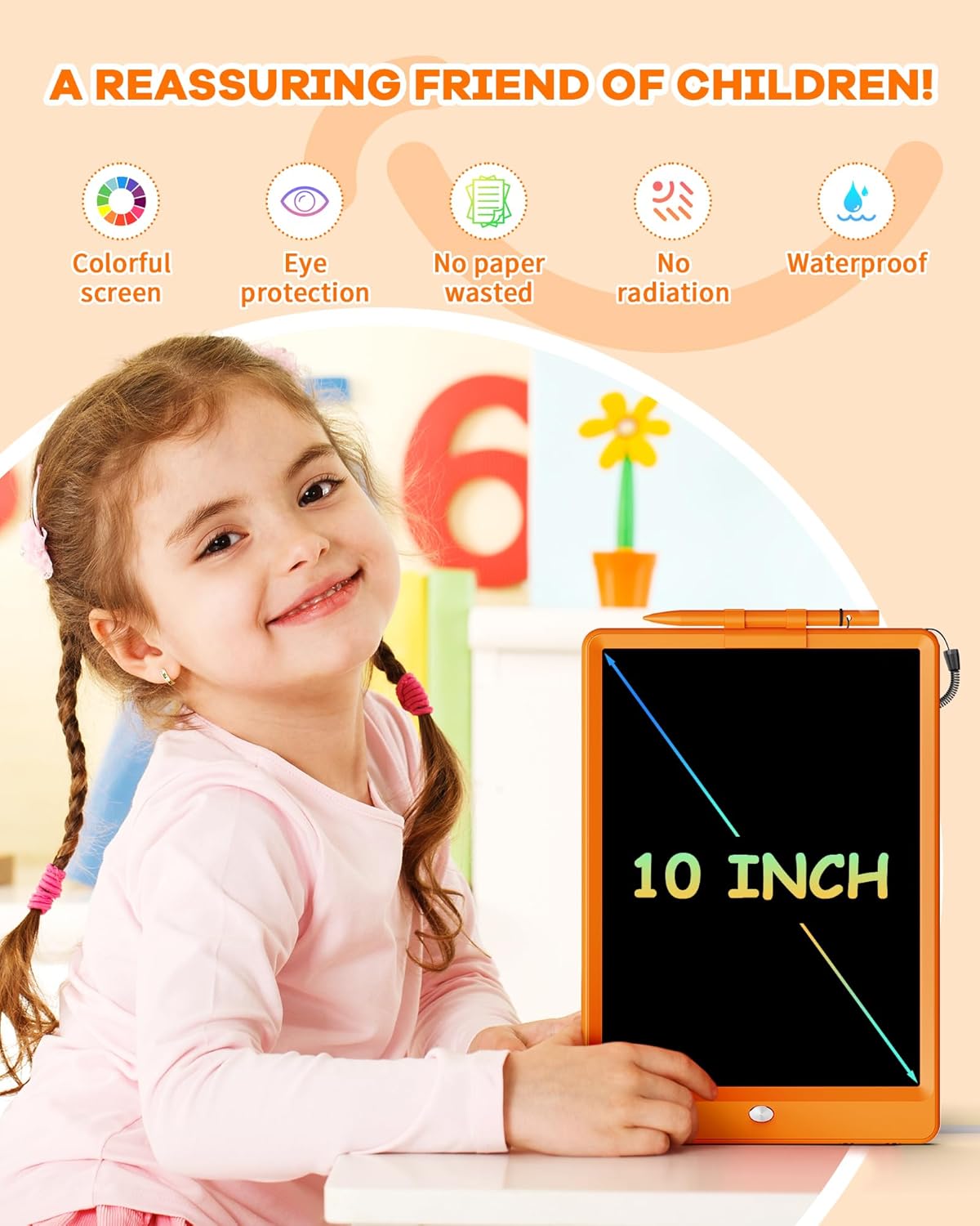 ORSEN LCD Writing Tablet 10 Inch, Colorful Doodle Board Drawing Tablet, Erasable Reusable Writing Pad, Educational for 3-8 Year Old Girls Boys(Orange)