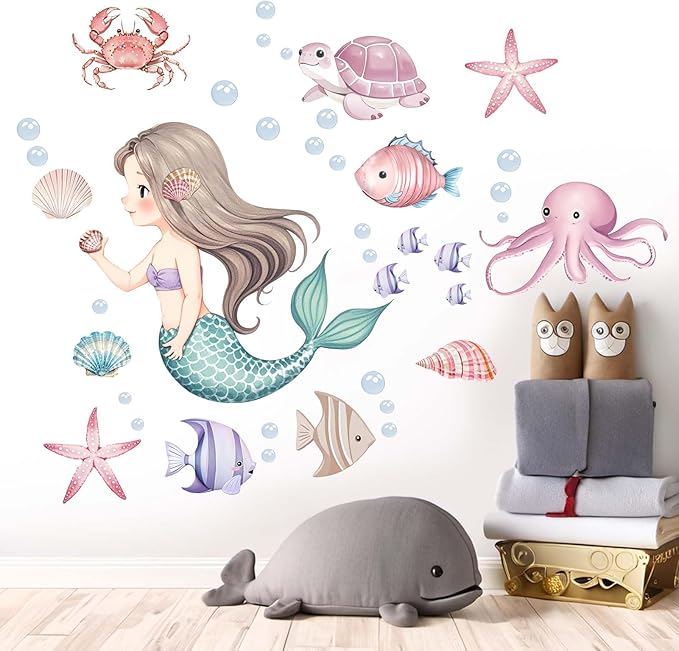 Mermaid Wall Stickers for Girls Bedroom: Peel and Stick Under The Sea Turtle Marine Ocean Fish Starfish Shell Wall Decals - Baby Nursery Girl Room Toddler Room - Kids Supplies Ages 1-12 Year