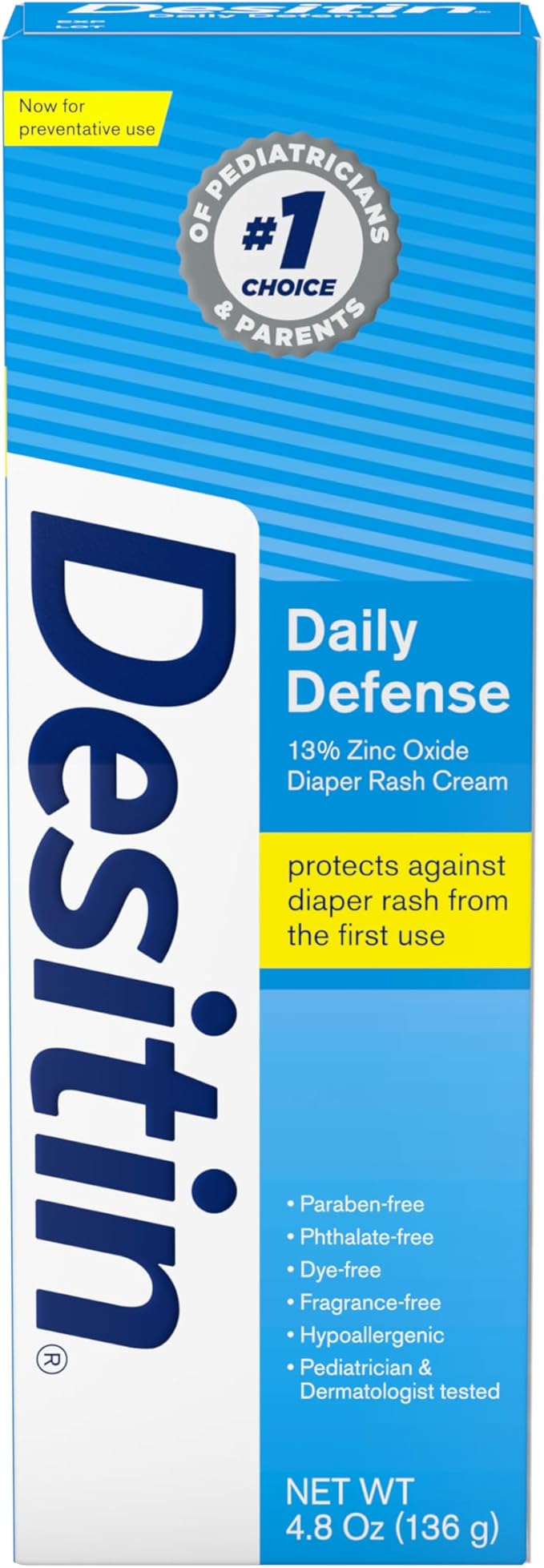 Desitin Daily Defense Baby Diaper Rash Cream with Zinc Oxide to Treat, Relieve & Prevent diaper rash, Hypoallergenic, Dye-, Phthalate- & Paraben-Free, 4.8 oz