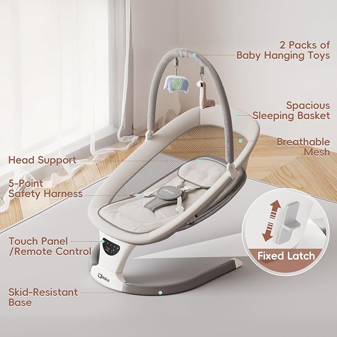 AMKE Baby Swing for Infants with Spacious & Breathable Mesh Seat - 5-Point Harness, Portable Swing Rocker, 5 Sway Speeds & 3 Timer, 12 Lullabies for Newborn Max 20 Lbs