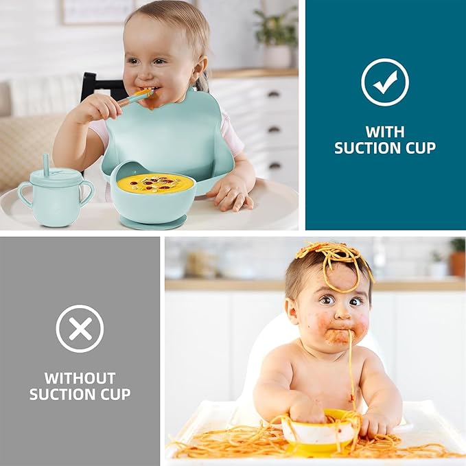 100% Silicone Baby Feeding Set,BPA Free Baby Dishes Set with Suction Bowl Divided Plate,Toddler Self Feeding Dish Set with Spoons Forks Sippy Cup and Bib, Baby Eating Utensils(Light Blue)