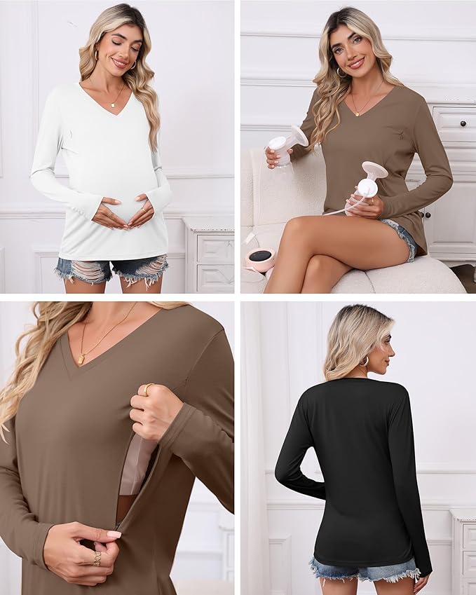 Huukeay 3 Pack Women's Long Sleeve Nursing Tops, Breastfeeding Hidden Zippers Shirts V Neck Maternity Pregnancy Tees Clothes