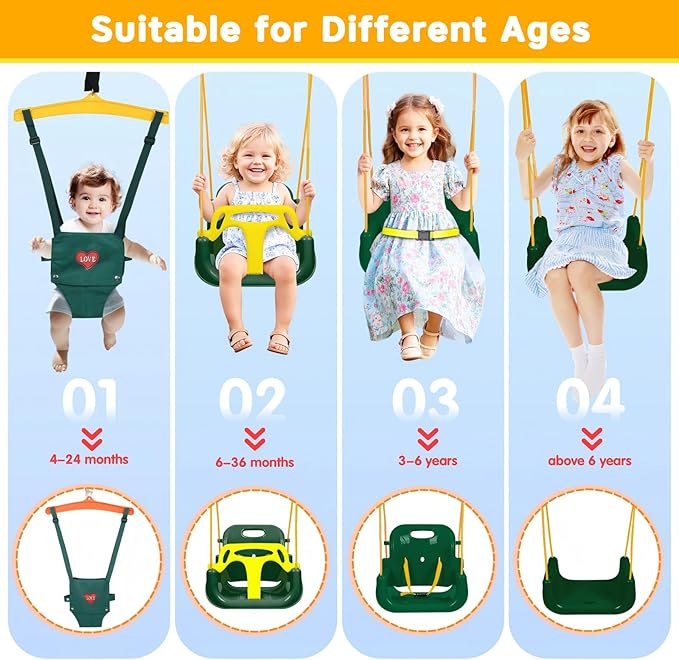 4 in 1 Toddler Swing Set & Baby Jumper, Heavy Duty Kids Swing with Bouncer, Foldable Metal Stand for Indoor & Outdoor, Easy Install & Store (Dark Green)