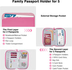 MoKo Passport Holder Family for Men and Women, RFID Travel Passport Wallet with Multiple Compartments, Travel Document Organzier for Cards, ID, Tickets, Keys, Pink