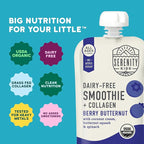 Serenity Kids 6+ Months Dairy Free Smoothie Baby Food - USDA Organic - Grass Fed Collagen Protein - 3.5 Ounce BPA-Free Pouch - Berry Butternut Protein Smoothie Baby Pouches - 6 Count