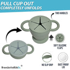 BraveJusticeKidsCo. | Snack Attack II Snack Cup | Collapsible Silicone Snack Container | Toddler and Baby Snack Catcher Lid (Desert Sage)