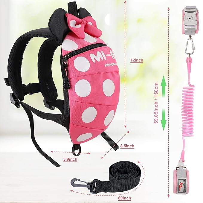 CZSYZCZS 4 in 1 Toddler Harness Leash + Baby Anti Lost Wrist Link, Cute Child Safety Harness Tether, Child Walking Harness Wristband Assistant Strap Belt for Baby Girls(Rose Red)