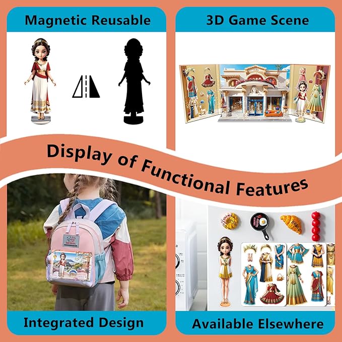 Yuzee Paper Dolls Stickers - Magnetic Dress Up Dolls for Girls - Toddler Travel Toys - 1 Paper Doll and 33 Clothing Accessories with 3D Magnetic Game Scene, Foster Creativity and Imagination