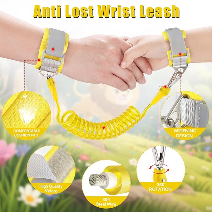 Toddlers Leash + Anti Lost Wrist Link Child Kids Safety Harness Kids Walking Wristband Assistant Strap Belt for Boys Pink Christmas Gift (Yellow)
