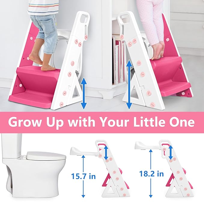 Easy Storage Potty Training Seat with Ladder, Adjustable Step and Toilet Seat Height, Easy-Grip Handles for Climbing, Foldable Portable Toddler Toilet Trainer, Perfect for Small Bathrooms