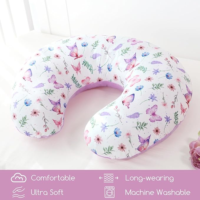 Nursing Pillow Cover 1 Pack, Minky Removable Nursing Pillowcase for Breastfeeding Pillows, Reversible Feeding Slipcover for Baby Boys/Girls, Super Soft Comfortable (Butterfly)