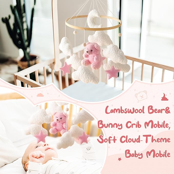 Baby Mobile for Crib Bear Cloud Crib Mobile Handmade Furry Nursery Mobile Gender Neutral Crib Toy Hanging for Nursery Decor Accessories