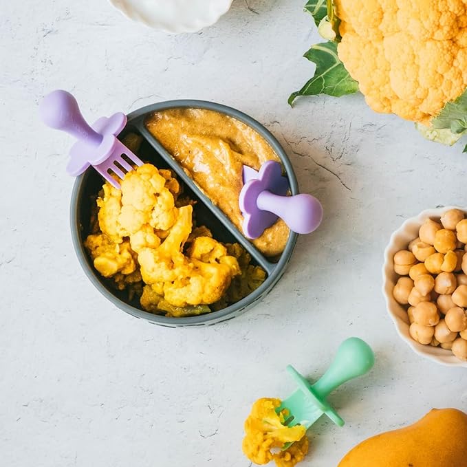 Grabease Baby Feeding Utensil Set - Ergonomic Self-Feeding & Toddler Spoon & Fork - Sturdy Plastic Training Silverware for Toddlers - Travel Pouch & Silverware for 1-Year-Olds - Lavender, Pack of 1