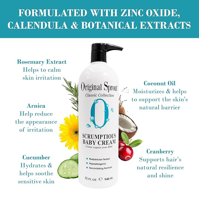 Original Sprout Scrumptious Baby Cream, Gentle Moisturizing Cream for Dry, Sensitive Skin & Diaper Rash, Non-Greasy Baby Lotion with Zinc Oxide & Calendula for Face & Body, 32 fl oz