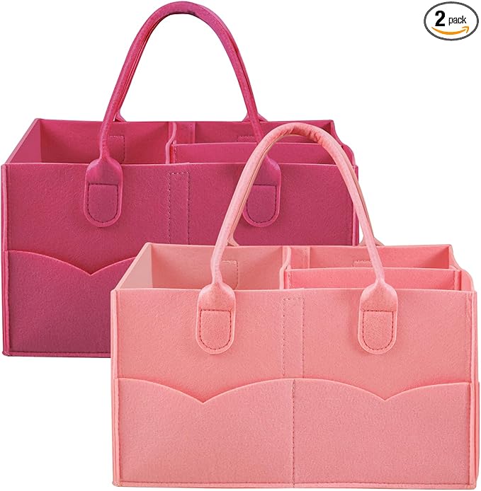 PandaEar 2 Pack Baby Diaper Caddy Organizer, Portable Diaper Holder Nursery Storage Basket for Wipes & baby stuff, Collapsible Baby Organizers with Divided Design (Red/Pink)