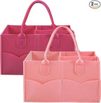 PandaEar 2 Pack Baby Diaper Caddy Organizer, Portable Diaper Holder Nursery Storage Basket for Wipes & baby stuff, Collapsible Baby Organizers with Divided Design (Red/Pink)