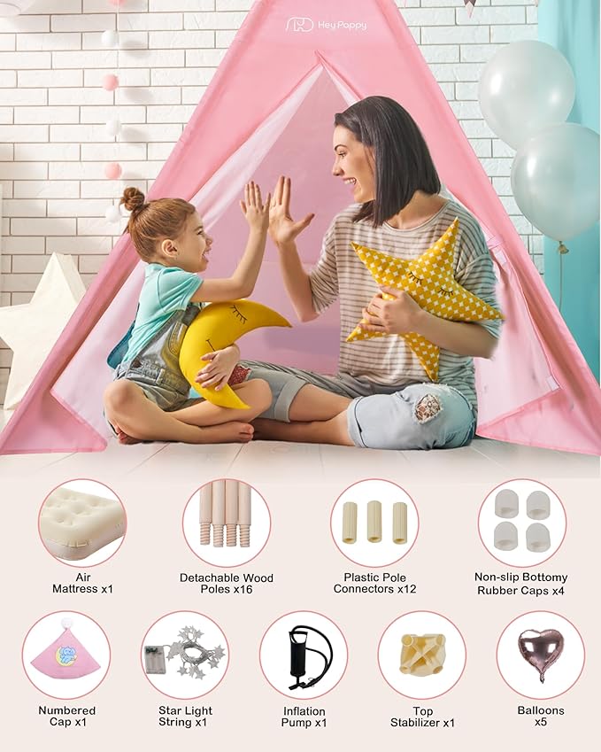 Teepee Tent for Kids with Inflatable Airbed, String Lights, Balloons, Pump, Washable Slumber Party Tent Indoor Outdoor for Girls Boys, Children Tipi Playhouse for Playtime and Sleepover