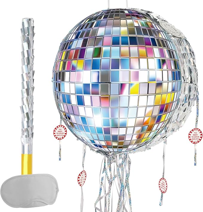 WERNNSAI Disco Ball Piñata - Disco Party Decoration Pull String Mirror Piñata with Bat and Blindfold for Adult Birthday Party Supplies