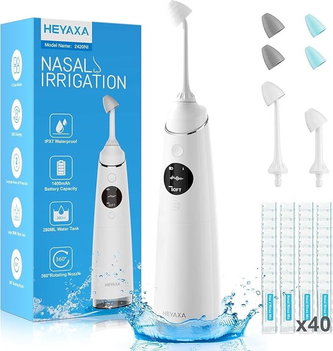 Nasal Irrigation System, Electric Sinus Cleaner Neti Pot Machine with 6 Tips,4 Modes for Sinus Rinse, Nasal Irrigator with 40 Nasal Saline Packets (1 Pack)