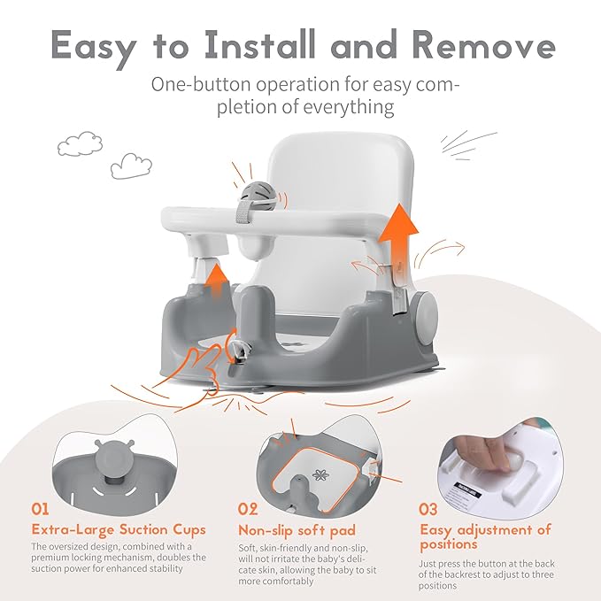 BabyBond Baby Bath Seat with Sitting & Lying 2 Modes, 3-Speed Adjustment, Powerful Suction Cups, Infant Bathtub Chair with Soft and Comfortable Towel, Folding and Hanging