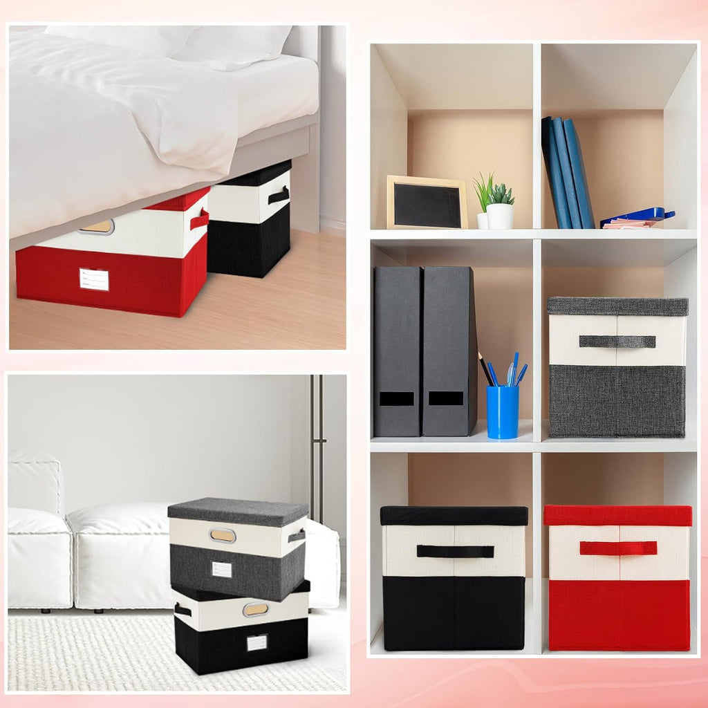 Large Linen Fabric Foldable Storage Bins with Removable Lid and Handles, Washable Storage Box Organizer Containers Baskets Cube with Cover for Bedroom,Office(Red&Cream, Large(2-Pack))