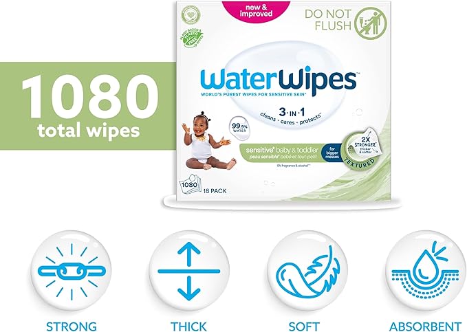 WaterWipes Sensitive+ Baby & Toddler Wipes, 3-In-1 Cleans, Cares, Protects, 99.9% Water, Textured Clean, Unscented & Hypoallergenic, 1080 Count (18 Packs)