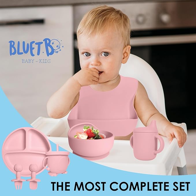 Bluet B- Silicone Baby Feeding Set With Pacifier - Led Weaning Supplies - Spoons, Suction Bowl, Plate - Utensils for First Foods - 11pcs - Pink