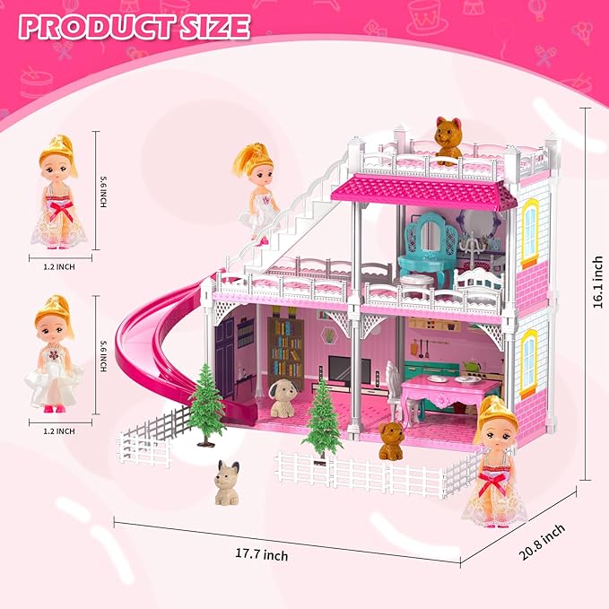 DIY Dollshouse for Girls 4-8 - 2-Story House with 3 Themed Rooms, 2 Dolls, 4 Dogs, Slide & Yard - Dolls House Toys for Imaginative Play