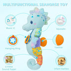 Baby Toys 0-6 Months,Infant Musical Seahorse Stuffed Animals Sensory Toys with Bright Colors,Multiple Textures,Rattles & Crinkle Sound Paper,Soft Tummy Time Toy for Newborn Boys Girls 0-12 Months-Blue