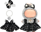 ‌Elegant Black-and-White Dress for 15cm/17cm Dolls - Strap Gown with Heart Pearl Necklace & Bow Headband/Fashion Doll Clothes Set, Accessories for Girl Doll/Perfect for Collectors, Gifts