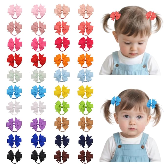 40pcs baby hair ties with Bows Elastic Ponytail Holders Small Hair Accessories for Kids Toddlers Infants. (Mixed color 4)