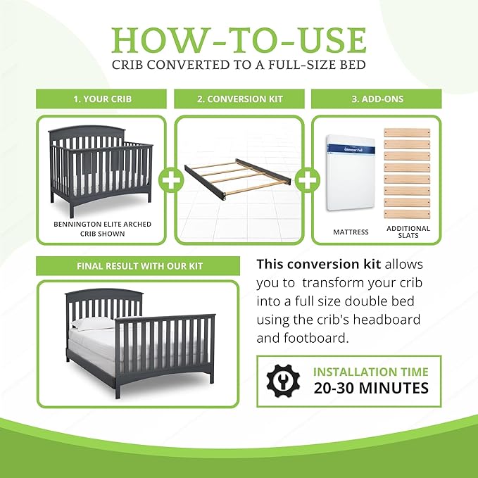 Full-Size Conversion Kit Bed Rails Compatible with Delta Children Convertible Cribs - Solid Wood Rail #0050 - Toddler & Adult Bed Rail for Full-Size Beds - Baby Furniture (Charcoal Grey - 029)