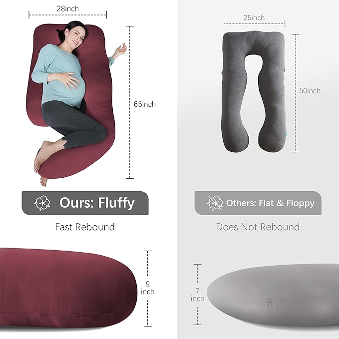 MOON PARK Pregnancy Pillows for Sleeping - U Shaped Full Body Maternity Pillow with Removable Cover - Support for Back, Legs, Belly, HIPS - 65 Inch - Burgundy - Cooling Cover