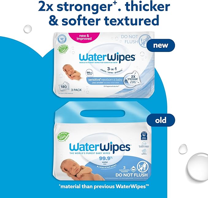 WaterWipes Sensitive+ Newborn & Baby Wipes, 3-In-1 Cleans, Cares, Protects, 99.9% Water, Unscented & Hypoallergenic, 180 Count (3 Packs)