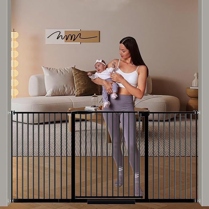 DEARBB Extra Wide Baby Gate Ultra Narrow Spacing 30.11-77.36" Pressure Mounted Double Lock Swing Auto Close Walk Through Metal Safety Pet Gate for Stairs and House Doorway Kitchen
