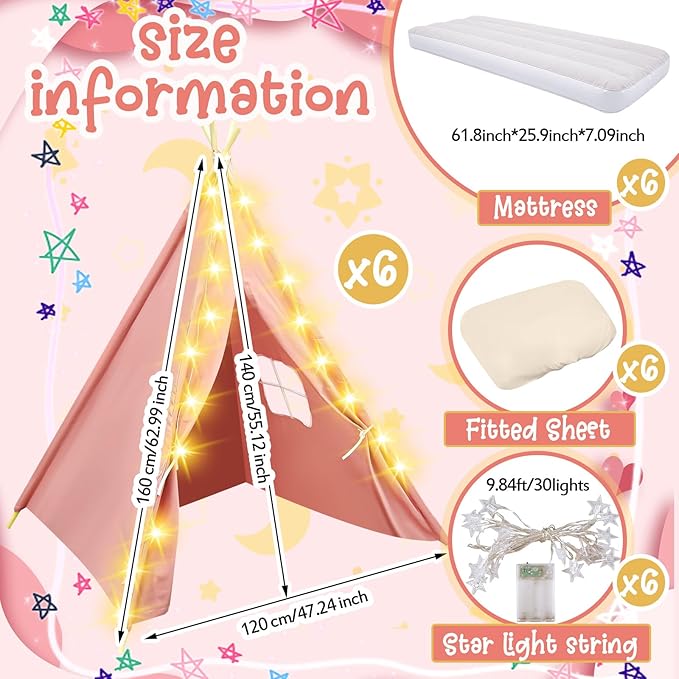 6 Pack Sleepovers Teepee Tent for Kids Bulk with Mattress Sheet Light,Natural Cotton Washable Indoor Play Tent for Birthday Slumber Party Girls Boys Pajama Movie Night Supplies(Pink)