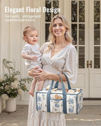 Blissful Diary Floral Diaper Caddy Organizer, Stylish Nursery Storage Basket, Gift for Baby Shower, Newborn Essentials, Peony Blue