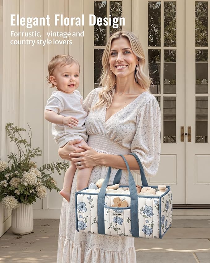Blissful Diary Floral Diaper Caddy Organizer, Stylish Nursery Storage Basket, Gift for Baby Shower, Newborn Essentials, Peony Blue