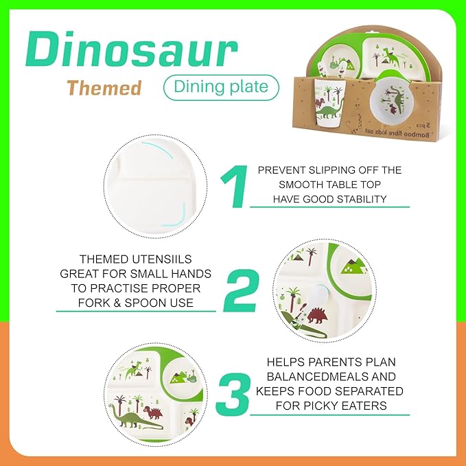 Kids Feeding Set 5 Pcs, Dinosaur Tableware Set for Toddlers, Includes Plate, Bowl, Cup, Fork & Spoon, BPA Free, Multicolor (Green, Brown, Orange), Dishwasher Safe