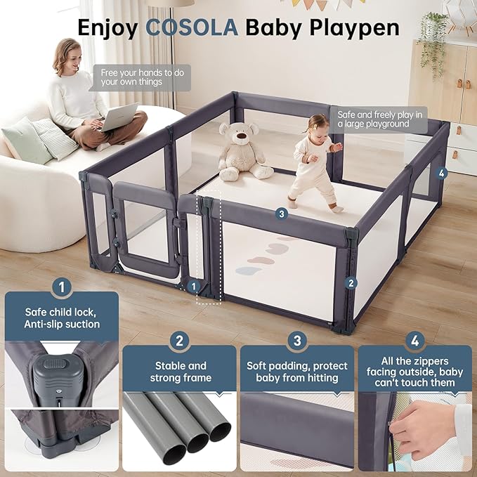 Baby Playpen,Large Play Pen for Babies and Toddlers with Door 79x71 Inch, Adjustable Playpen Non-Slip Suction Cups Base Safe and Sturdy, Indoor Outdoor Playard,Black