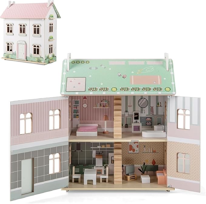 Costzon Wooden Dollhouse for Kids, 3-Level Dollhouse Playset with Double-Sided Roofs, 19 Furniture & Accessories, 5 Rooms, Pretend Play Toddler Doll House, Gift for Kids Aged 3+ (Multicolor)