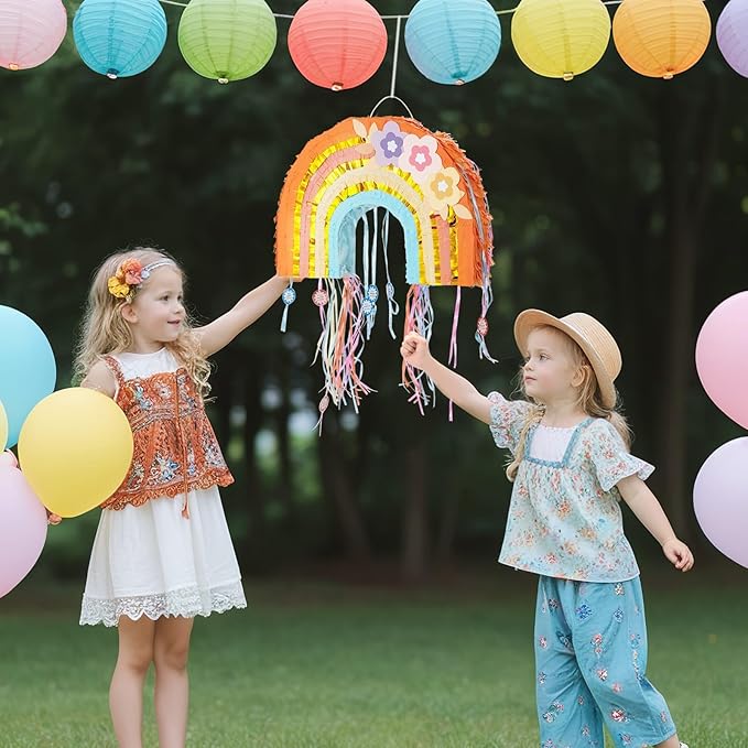 WERNNSAI Foldable Rainbow Pinata - Rainbow Pull String Pinata with Blindfold and Bat for Bundle Piñata Boho Theme Birthday Baby Shower Party Decoration Carnival Party Games Supplies 16.4" x 12.3"