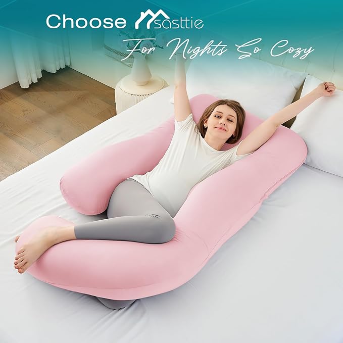 Sasttie Pregnancy Pillows for Sleeping, U Shaped Cooling Full Body Pillow with Removable Cover, Pregnant Women Must Haves, Maternity Essential, Light Pink