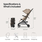 Mompush Velo Lightweight Travel Stroller – One-Hand Fold, Ultra-Compact & Airplane Friendly, Lie-Flat Recline Seat (from Birth to 50 lbs), Includes Cup Holder, Shoulder Strap, and Leather Bumper Bar