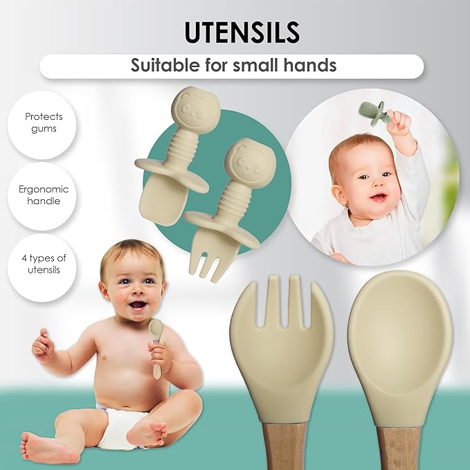 Bluet B- Silicone Baby Feeding Set - Baby Led Weaning Supplies - Baby Spoons, Suction Bowl - Plate - Baby Utensils - Silicone Feeding Set for Baby First Foods, Infant Eating - 8pcs - Beige