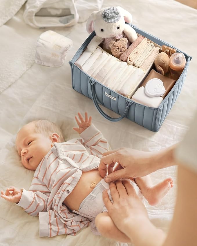 Blissful Diary Baby Diaper Caddy Organizer, Stylish Storage Basket for Newborn Essentials and Diaper Station, Gift for Baby Shower and Registry Must-Have, Dusty Blue