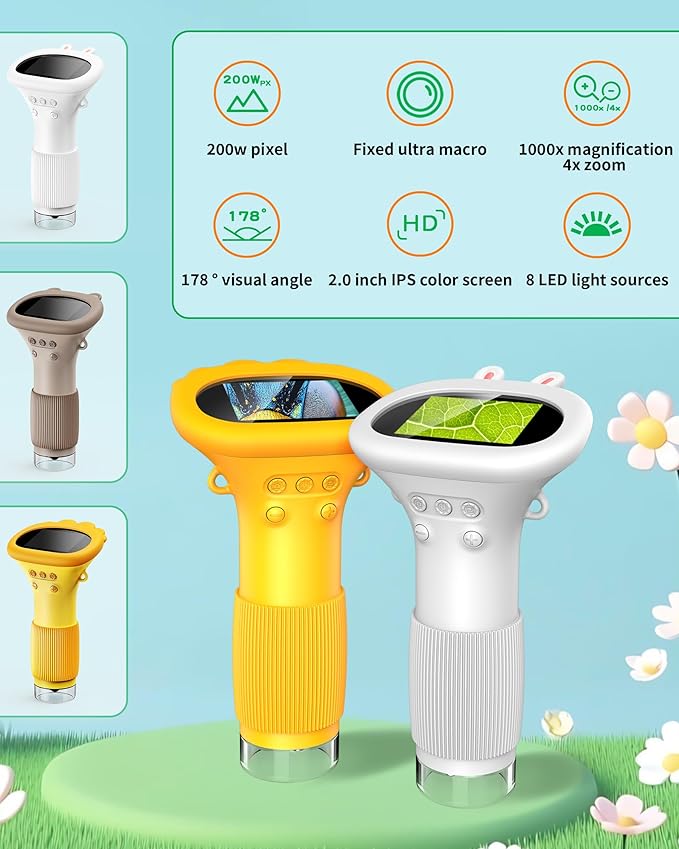 Microscope for Kids, Educational Science Kit Toys Portable Handheld Magnifying Glass, Macro Fixed Focus Digital Kid Microscopes Up to 1000x Magnification,4X Zoom, Interactive Learning, Ages 3+